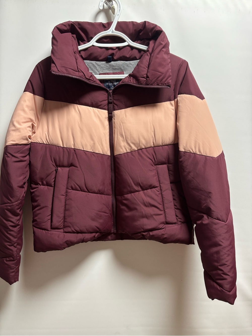 Abercrombie & Fitch Two-Tone Burgundy and Blush Puffer Bomber